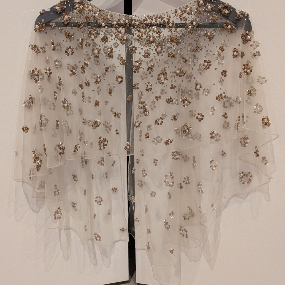 Embellished Sheer Capelet - Gold Sequin Floral Accent